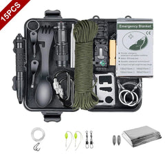15-in-1 Emergency Survival Kit - Camping, Travel & Wilderness Adventure Gear, Multifunctional Defense & First Aid Kit, SOS Tool