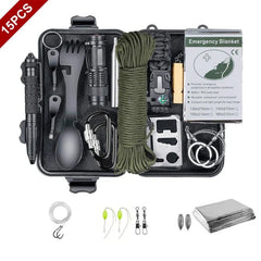 15-in-1 Emergency Survival Kit - Camping, Travel & Wilderness Adventure Gear, Multifunctional Defense & First Aid Kit, SOS Tool